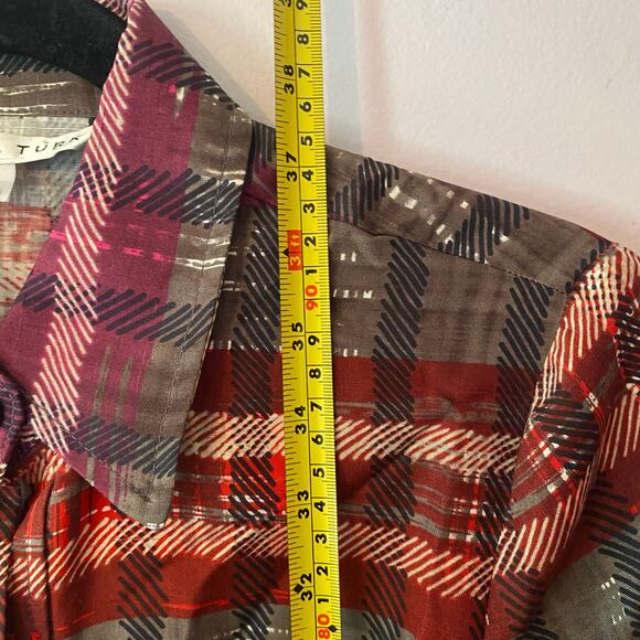 Trina Turk Red Brown Plaid Silk Knee Length Dress Button Down Belted 6 / Medium - Picture 10 of 11